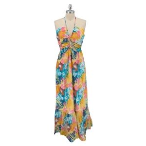 Lulu's Floral Halter Maxi Dress - Yellow, Blue, Pink